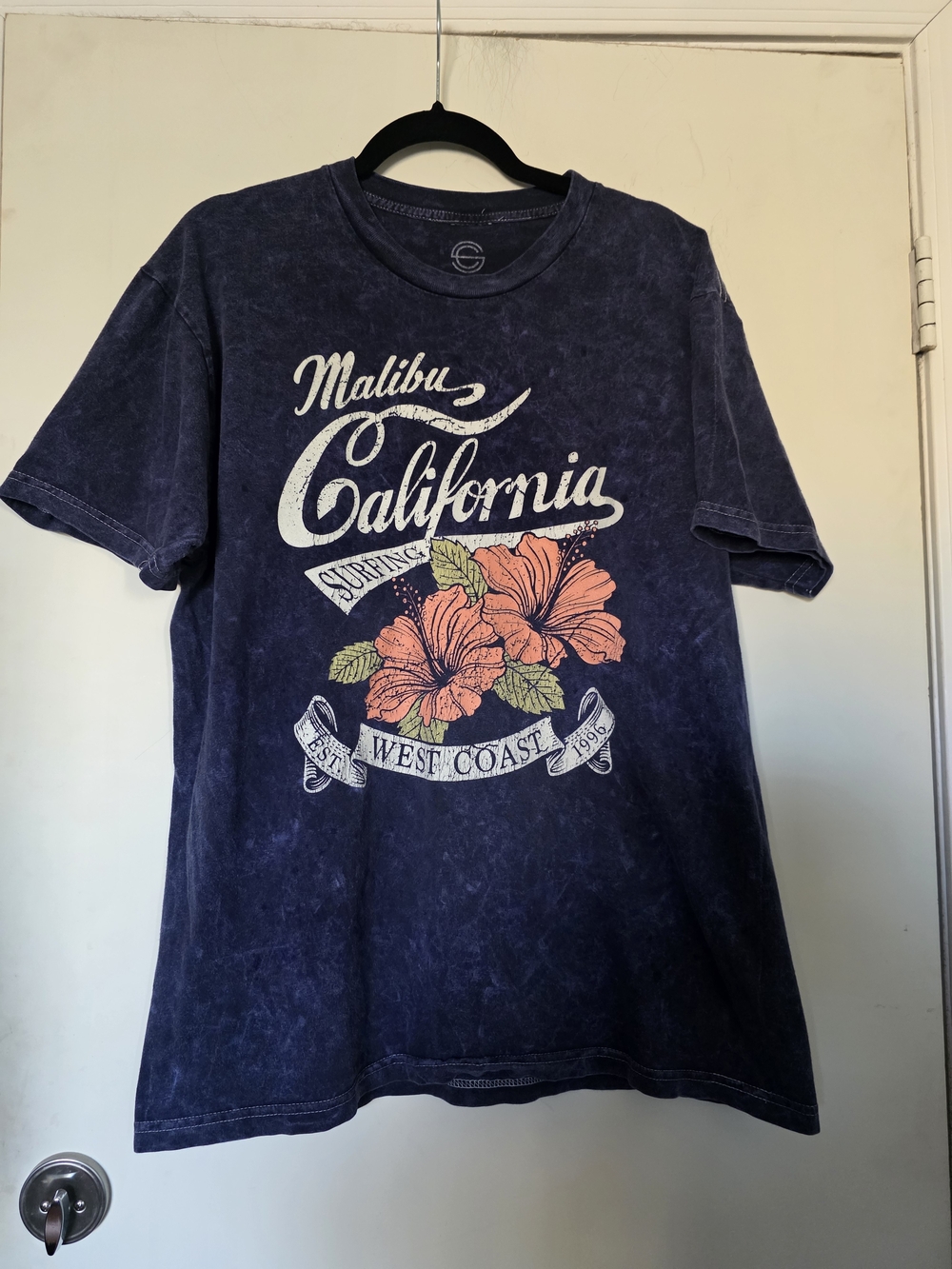 Malibu California Graphic Tee - Navy with Coral Floral